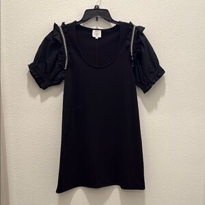 sundays | Black Mini Dress, Pearl Puff Sleeves - M